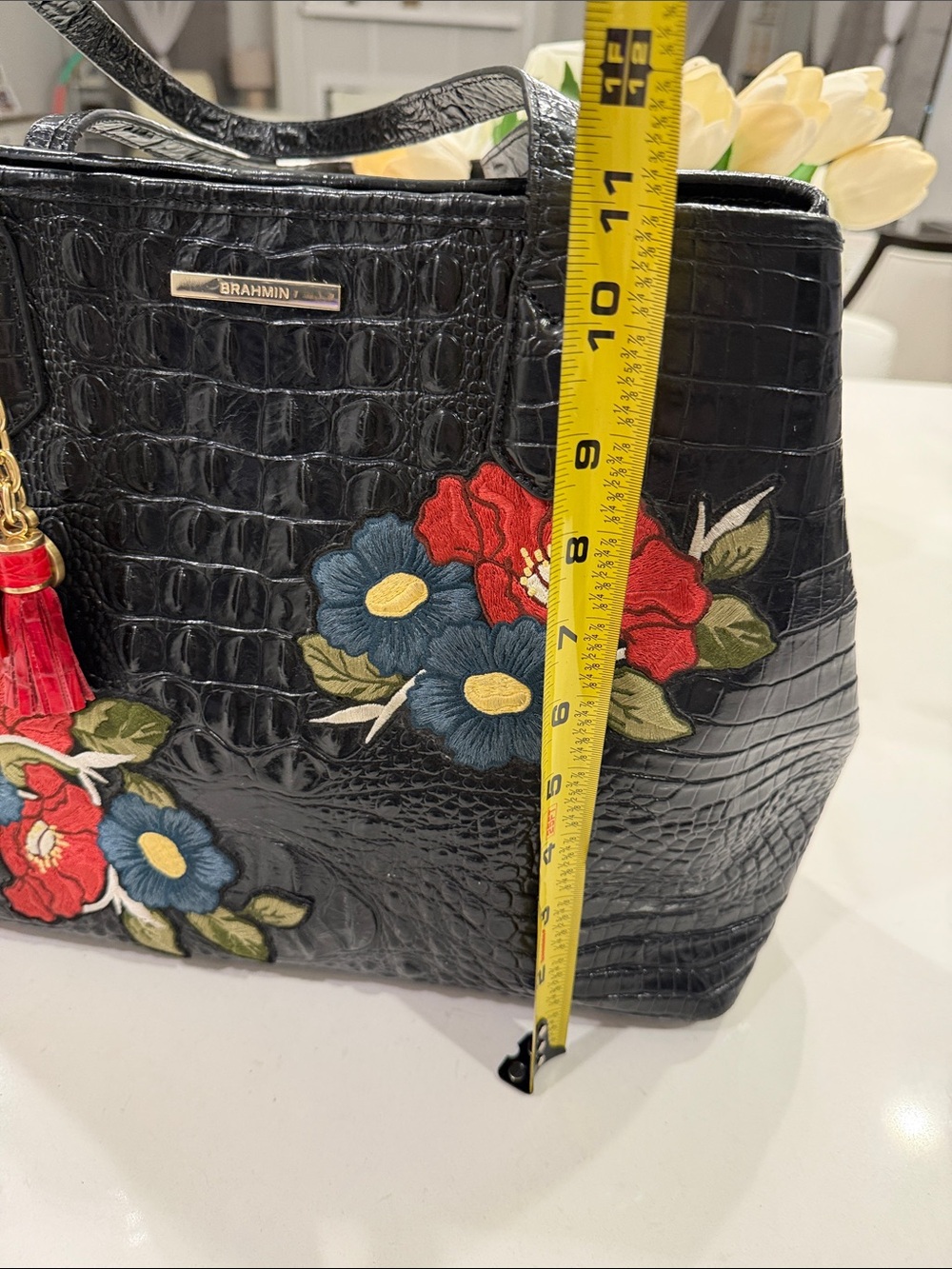 Brahmin Black Floral Embroidered Tote Bag with Red Tassel Charm - Picture 14 of 17